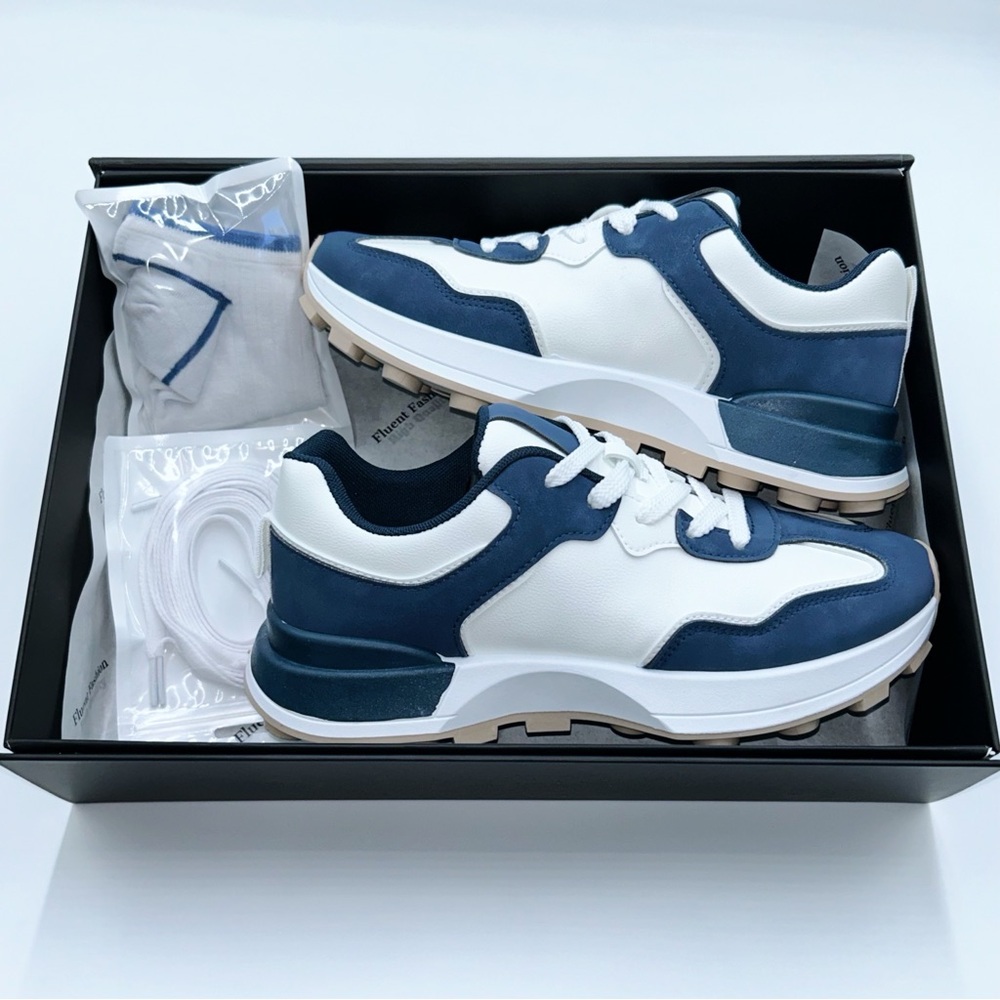 Men’s White & Navy Blue Chunky Sneakers - Size 10.5